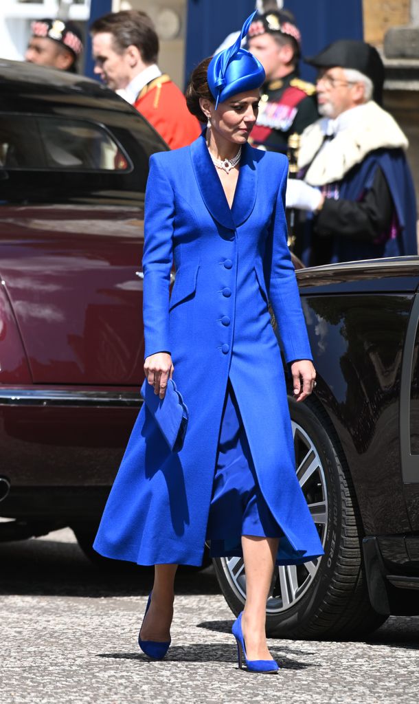 EDINBURGH, SCOTLAND - JULY 05: Catherine, Princess of Wales, known as the Duchess of Rothesay while in Scotland, leaves the Palace of Holyroodhouse to attend the National Service of Thanksgiving and Dedication to the coronation of King Charles III and Que