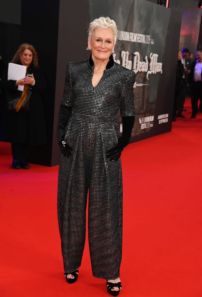 Glenn Close on red carpet in sparkly jumpsuit