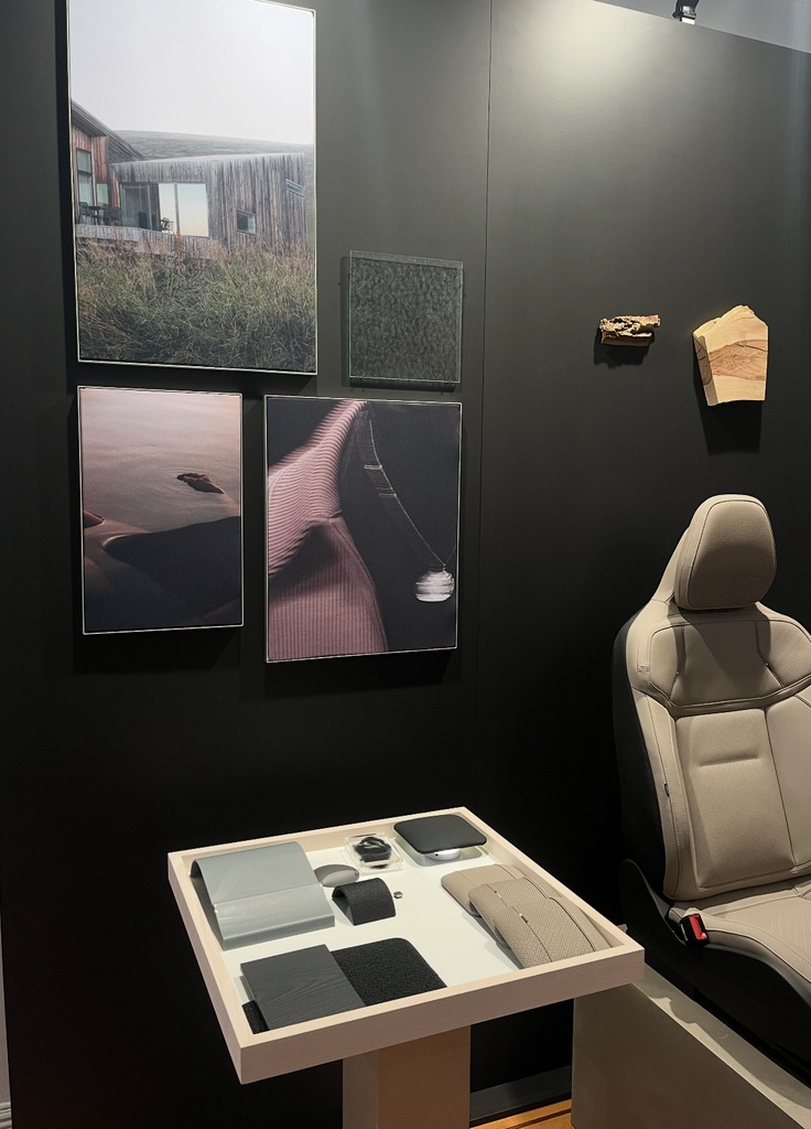 H! La mode rencontre le nouveau Volvo EX60 révolutionnaire 7 Une autre couleur de la voiture montre comment davantage de paysages suédois ont inspiré les palettes de couleurs. Les couleurs sont plus sombres avec quelques tons clairs inspirés du bois et de l'eau.