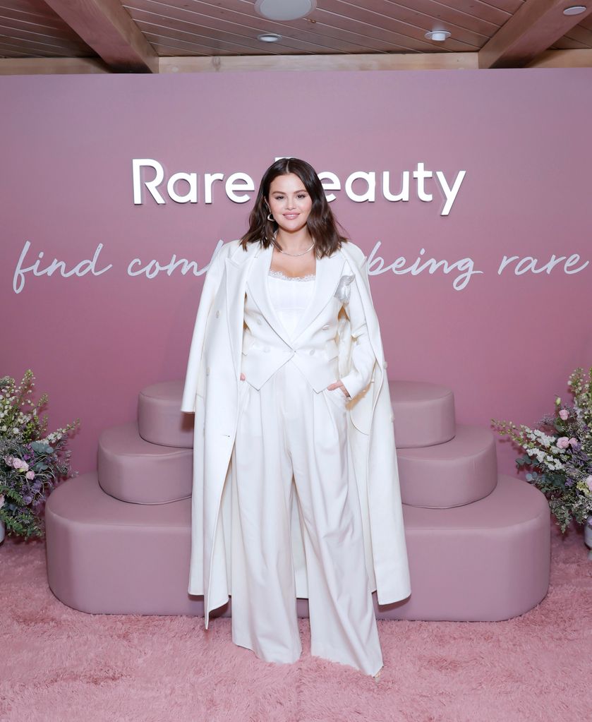 elena Gomez Celebrates the Launch of Rare Beauty's Find Comfort Body Collection on January 10, 2024 in Beverly Hills, California.