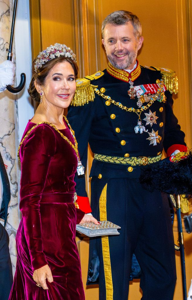 Crown Princess Mary wearing a pink velvet dress and tiara