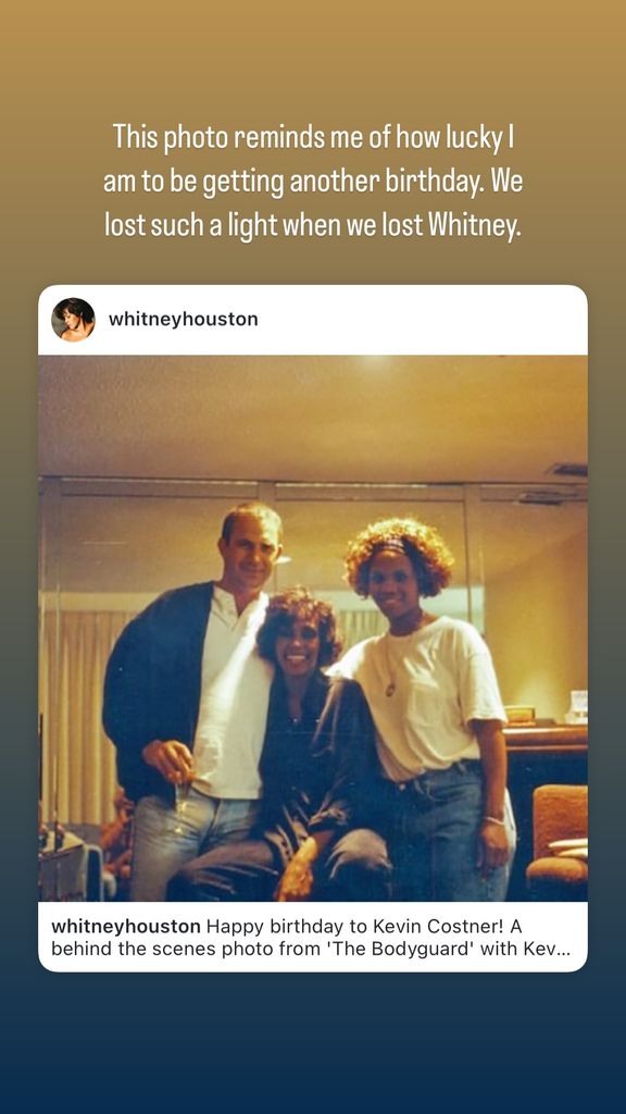 Screengrab of Kevin Costner's Instagram, with a oicture of him with Whitney Houston and the hair stylist on the set of The Bodyguard