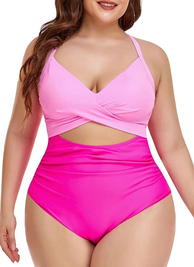 amazon tummy control swimsuit hot pink with cutouts