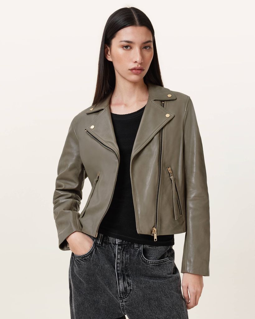 Model wearing AllSaints leather jacket.