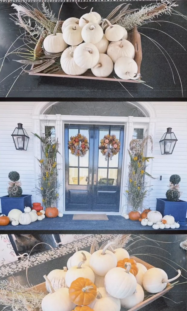 Still from a video shared by Gwen Stefani of her and Blake Shelton's Oklahoma home decked out with fall decorations harvested from their ranch.