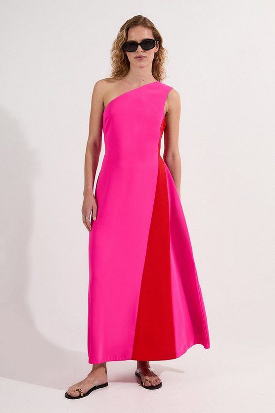 Soft Tailored Asymmetric Neck Full Skirted Tailored Midi Dress