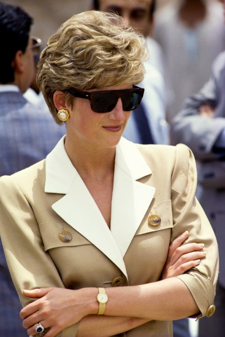 Princess Diana in a beige jacket with white lapels