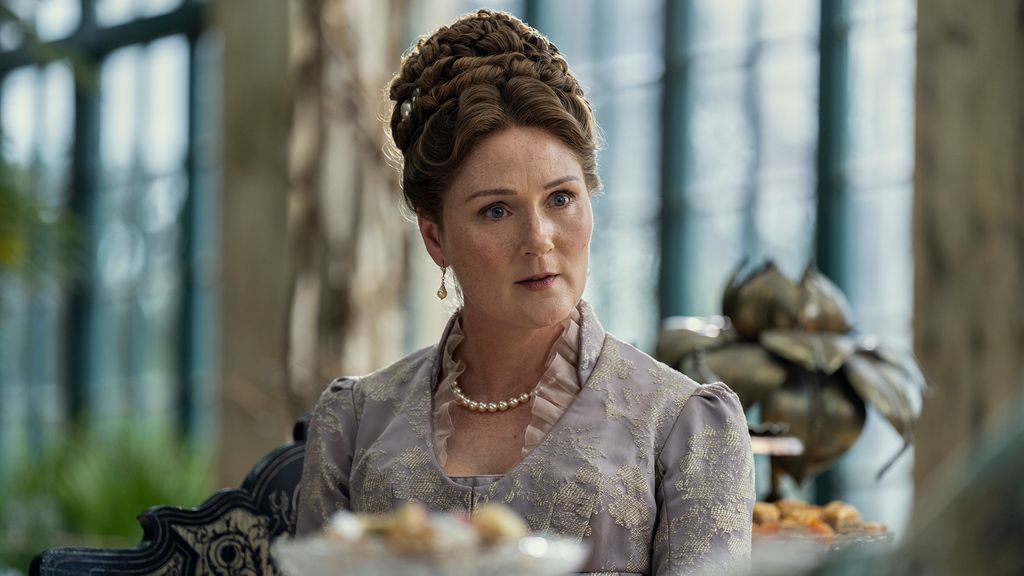 Ruth Gemmell as Lady Violet Bridgerton having tea