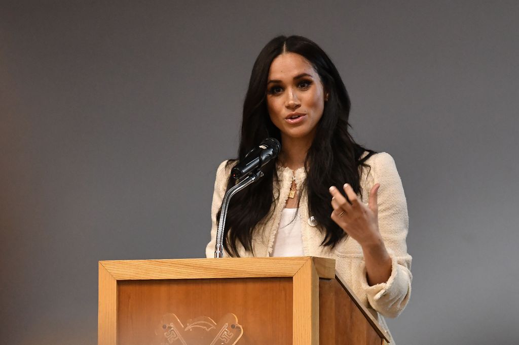 The Duchess of Sussex wearing her Edge of Ember necklace at an event in Dagennham ahead of International Women's Day