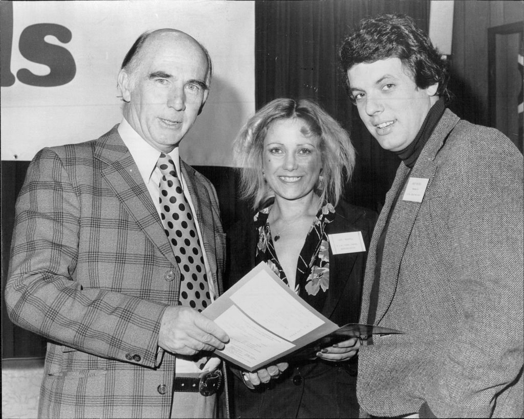 Black-and-white photo of Robert Ellicott, Kaye Maddrell and Robert Nestdale