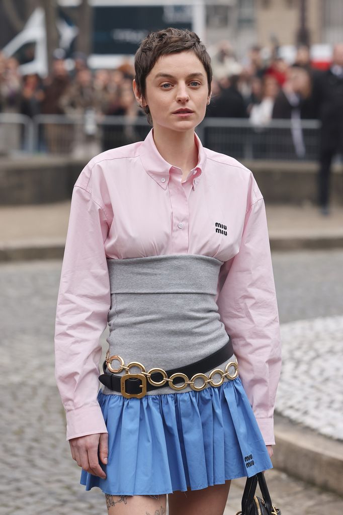 Emma Corrin attends the Miu Miu show during the Womenswear Fall/Winter 2025/2026 as part of Paris Fashion Week 