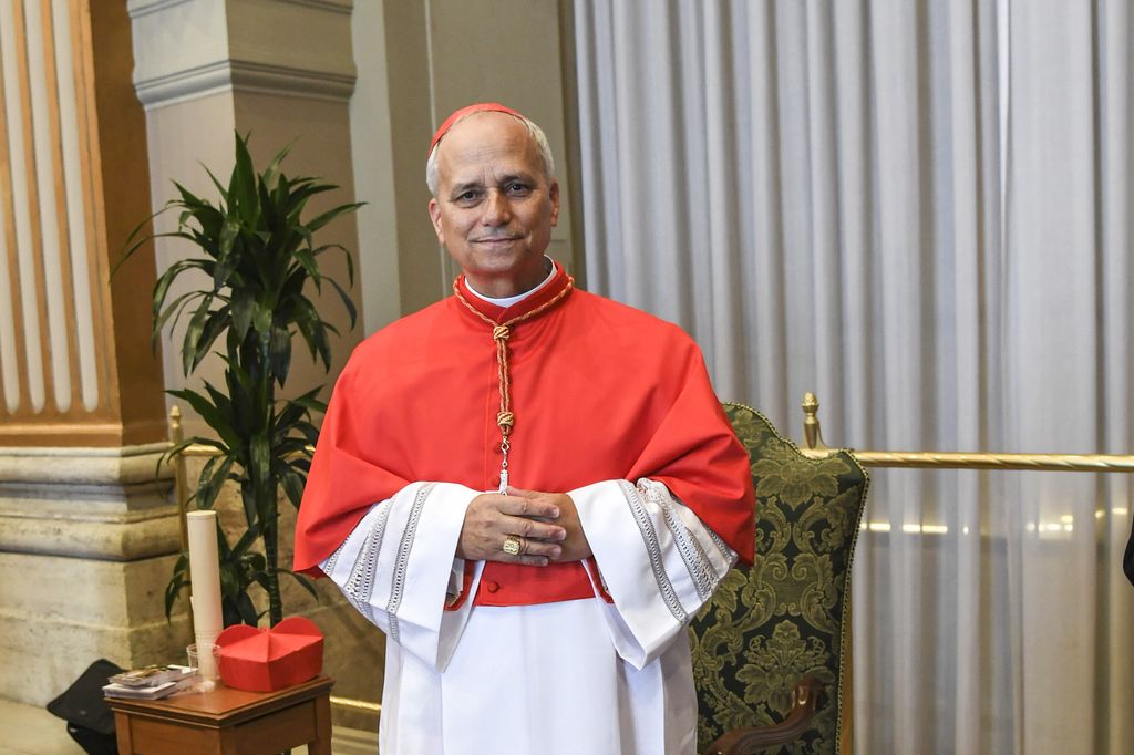 Robert Francis Prevost pose for pictures at the end of the consistory during which he received the biretta hat from Pope Francis in St. Peter's Square at the Vatican City Vatican, on September 30, 2023