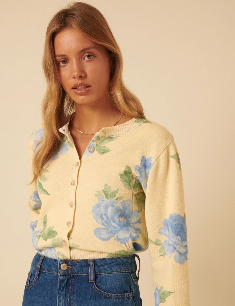 Yellow Floral Crew Neck Cardigan