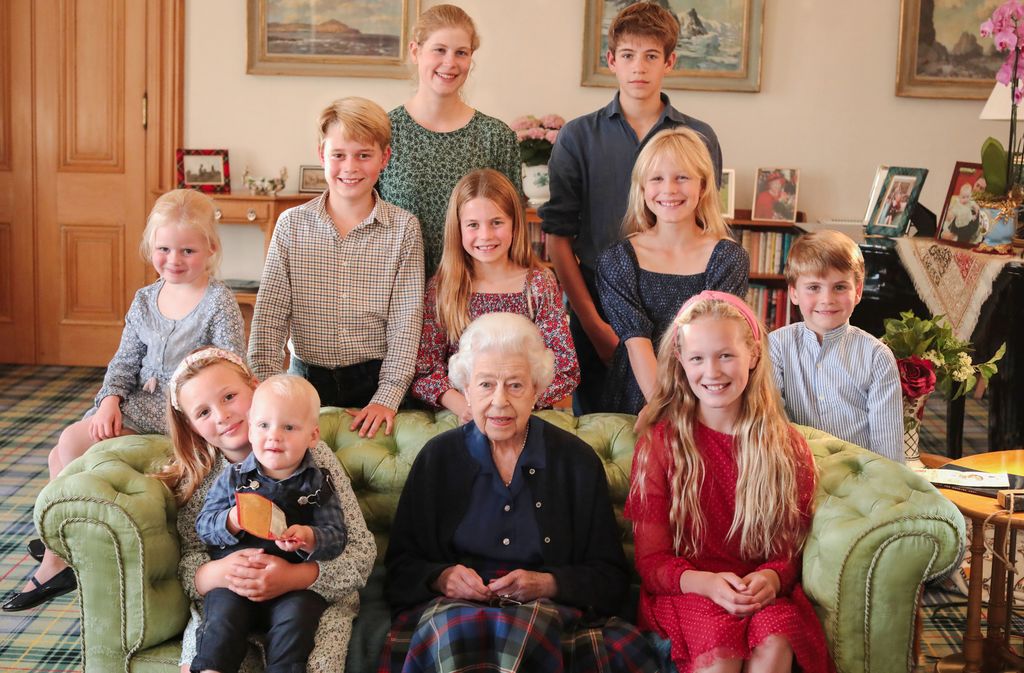 The Queen with some of her grandchildren and great grandchildren (back row, left to right) Lady Louise Windsor Mountbatten-Windsor and James, Prince Edward, (middle row, left to right) Lena Elizabeth Tindall, Prince George, Princess Charlotte, Isla Phillips, Prince Louis, and (front row, left to right) Mia Grace Tindall holding Lucas Tindall, Queen Elizabeth II and Savannah Phillips