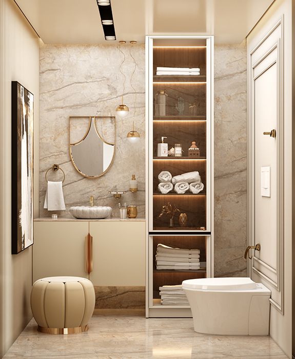 Small bathroom with full-height shelving