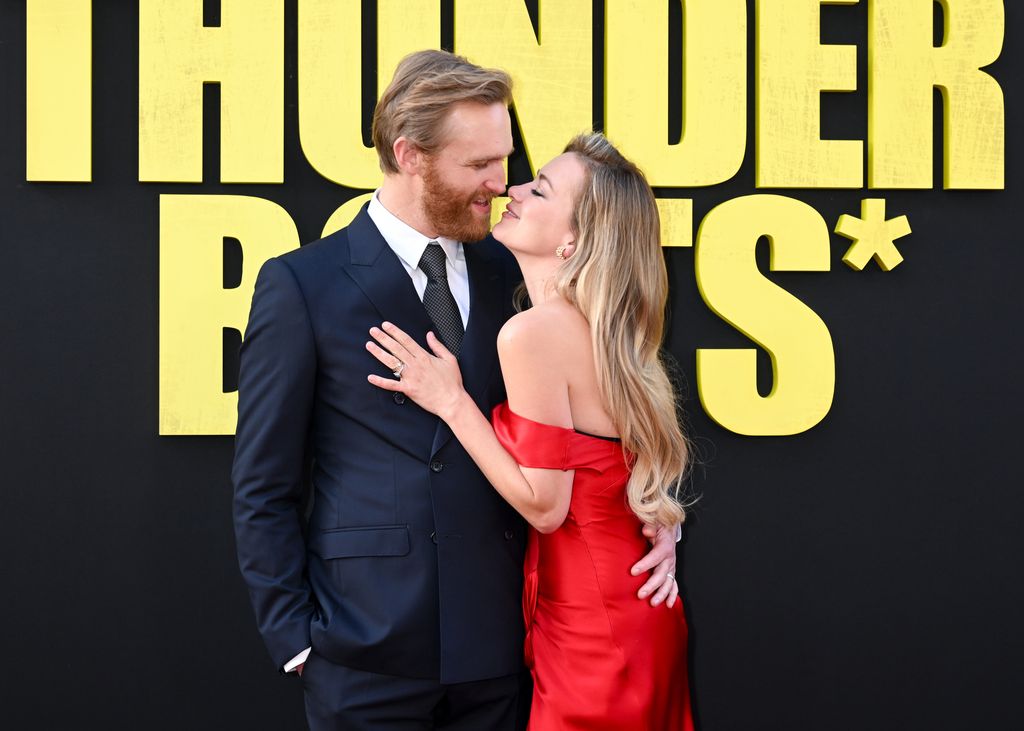 Wyatt Russell and Meredith Hagner attend the Los Angeles premiere of Marvel Studios' "Thunderbolts" at Dolby Theatre on April 28, 2025 in Los Angeles, California