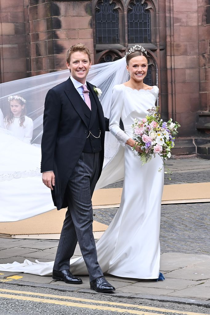 Hugh Grosvenor, 7th Duke of Westminster and Olivia Henson depart their wedding at Chester Cathedral