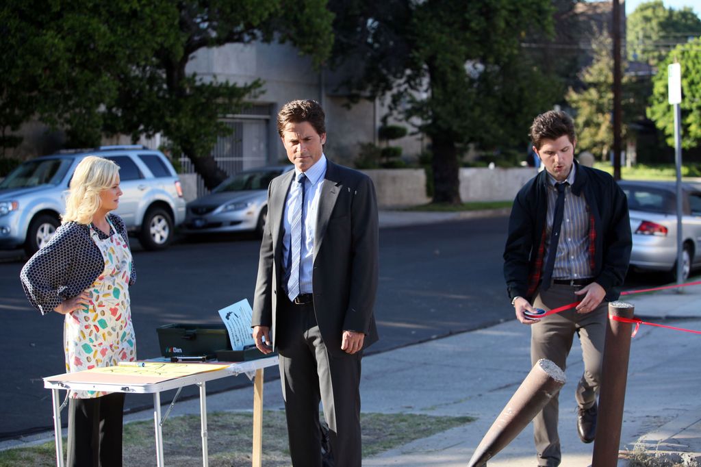Amy Poehler as Leslie Knope, Rob Lowe as Chris Traeger, Adam Scott as Ben Wyatt in Parks and Rec