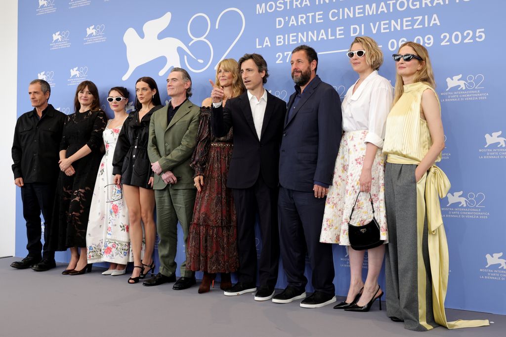 Emily Mortimer, Eve Hewson, Riley Keough, Billy Crudup, Laura Dern, Noah Baumbach, Adam Sandler, Greta Gerwig and Alba Rohrwacher and guest attend the "Jay Kelly" photocall during the 82nd Venice International Film Festival on August 28, 2025 in Venice, Italy