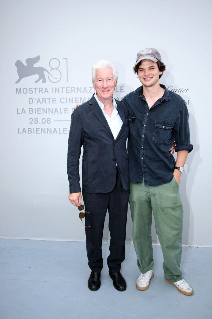 Richard Gere and Homer James Jigme Gere pose on stage at the "Cartier Masteclass: The Art and Craft of Cinama" during the 81st Venice International Film Festival on September 01, 2024 in Venice, Italy