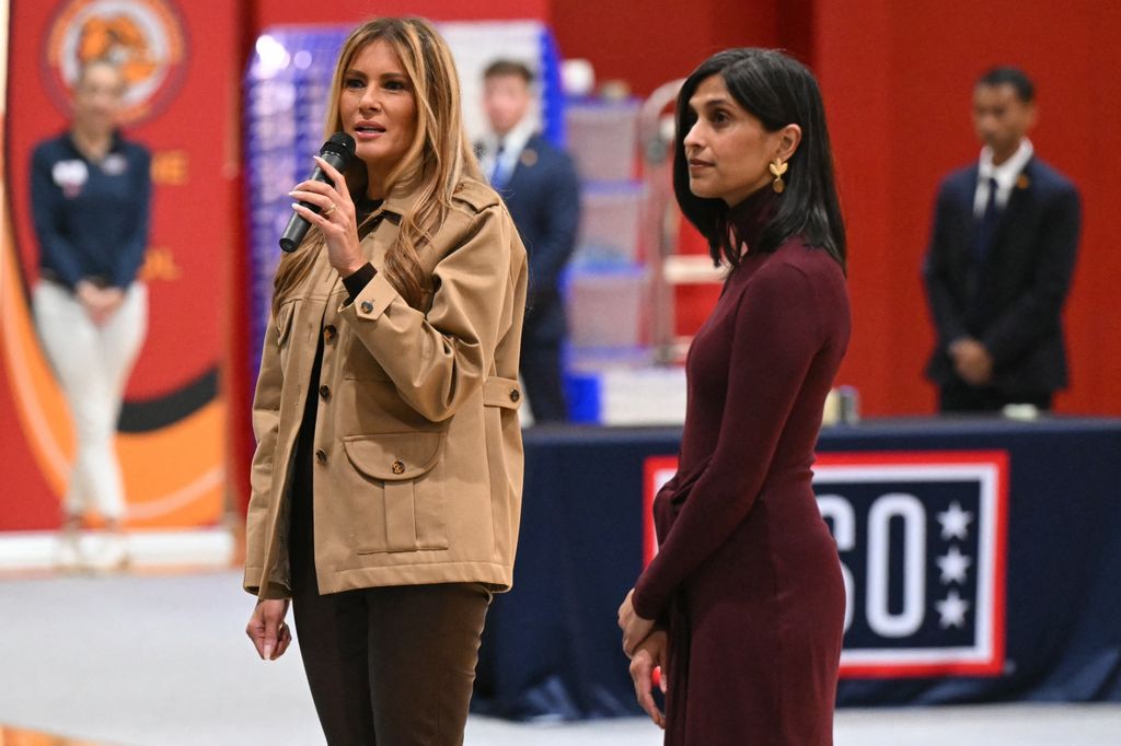 US First Lady Melania Trump and Second Lady Usha Vance (R) address students at Lejeune High School at Marine Corps Base Camp Lejeune
