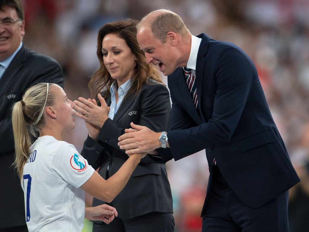 His Royal Highness, Prince William with Beth Mead of England after the UEFA Women's Euro England 2022 final match between England and Germany at Wembley Stadium on July 31, 2022 in London, United Kingdom