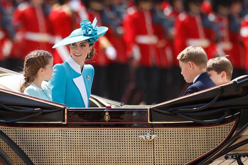 Princess Charlotte of Wales, Catherine, Princess of Wales, Prince George of Wales and Prince Louis of Wales at Horse Guards Parade during Trooping The Colour 2025