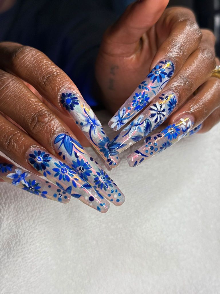 A close-up of Cynthia's "Arctic Bloom" nail art