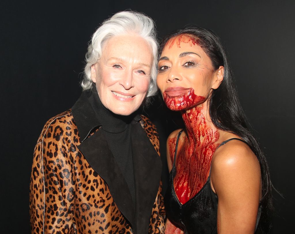 Glenn Close and Nicole Scherzinger pose backstage at the hit musical "Sunset Blvd" on Broadway at The St. James Theatre on April 29, 2025 in New York City. Glenn Close played "Norma Desmond" in the original 1994 Broadway production