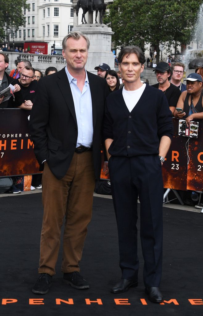 Christopher Nolan and Cillian Murphy attend a photocall for "Oppenheimer" in Trafalgar Square on July 12, 2023 in London, England
