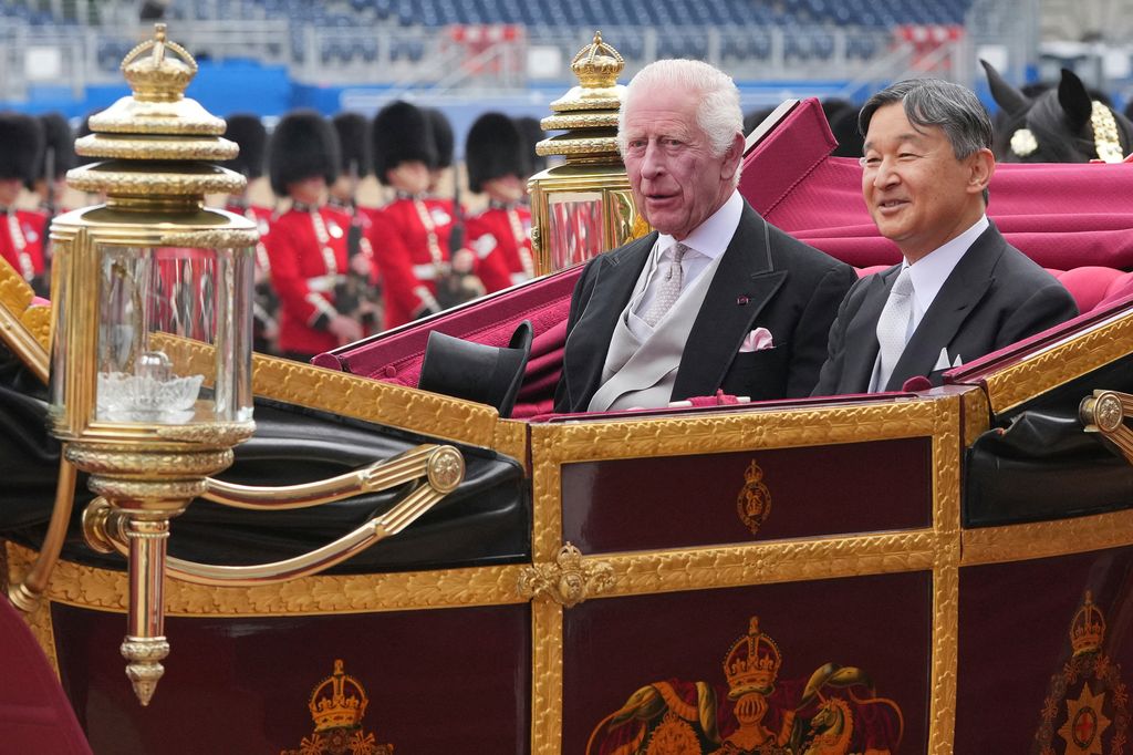 King Charles and Emperor Naruhito travel in the 1902 State Landau Carriage following the Ceremonial Welcome at Horse Guards Parade