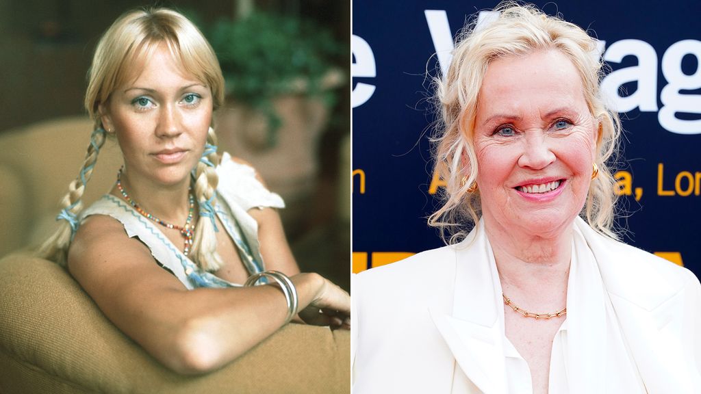 Split image of Agnetha Fältskog in ABBA and at the ABBA Voyage launch in 2022