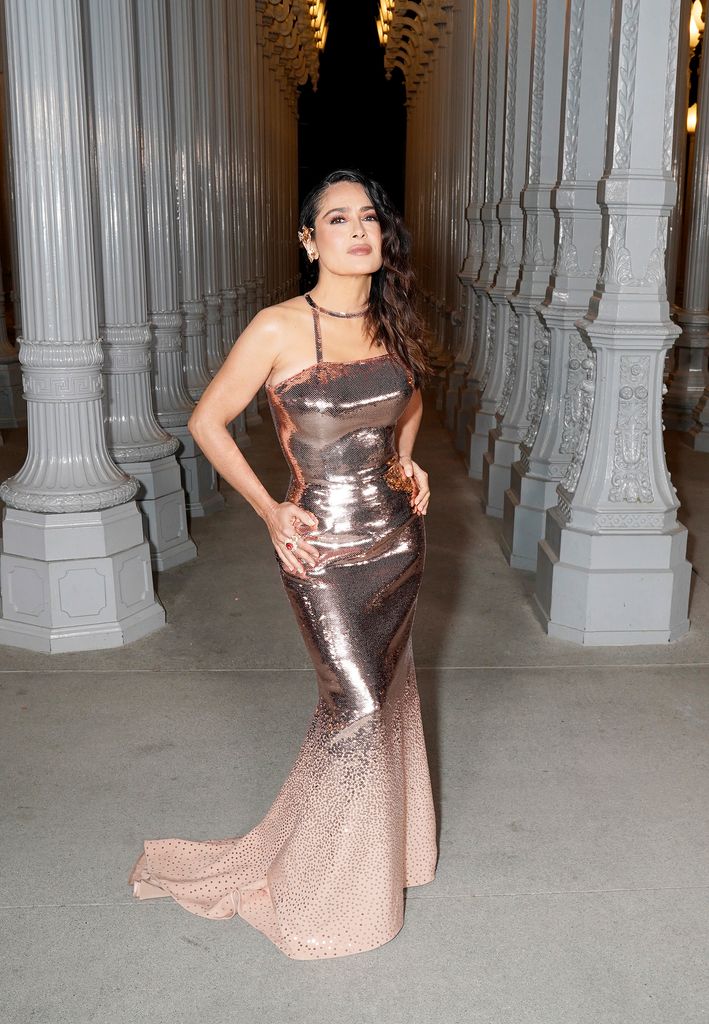 Salma Hayek, wearing Gucci, attends the 2023 LACMA Art+Film Gala, Presented By Gucci at Los Angeles County Museum of Art on November 04, 2023 in Los Angeles, California