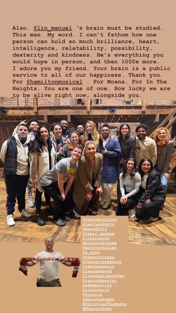Blake Lively and the cast and crew of Hamilton, joined by her sister Robyn Lively, pose for a photo after a show, shared on Instagram Stories