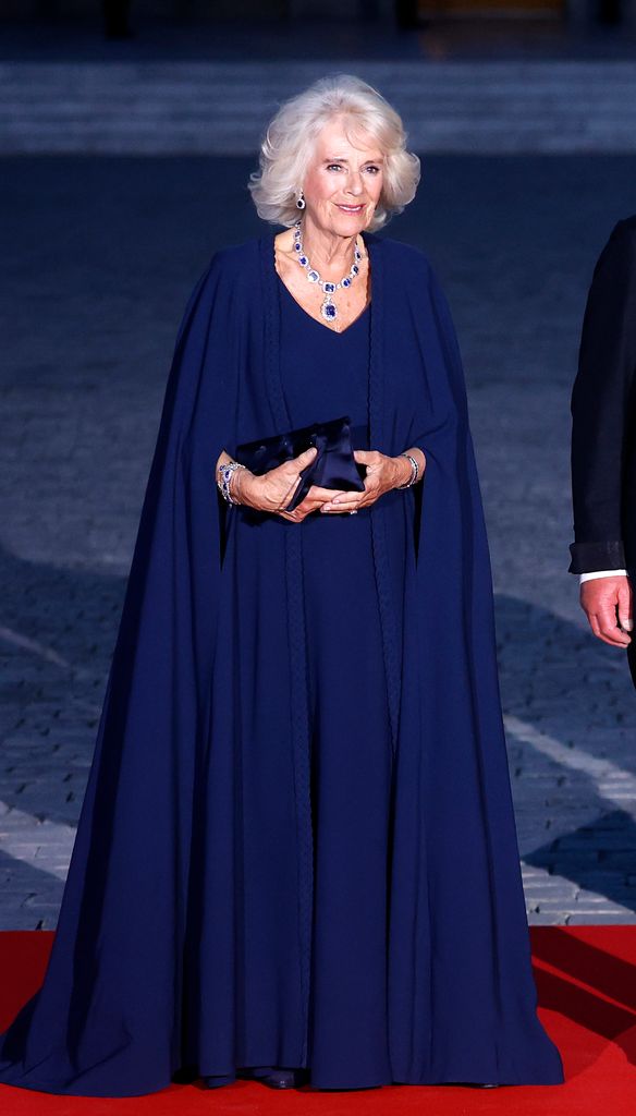 Queen Camilla poses prior to a state dinner at the Chateau de Versailles with French President, Emmanuel Macron and his wife Brigitte Macron on September 20, 2023 in Versailles, France.