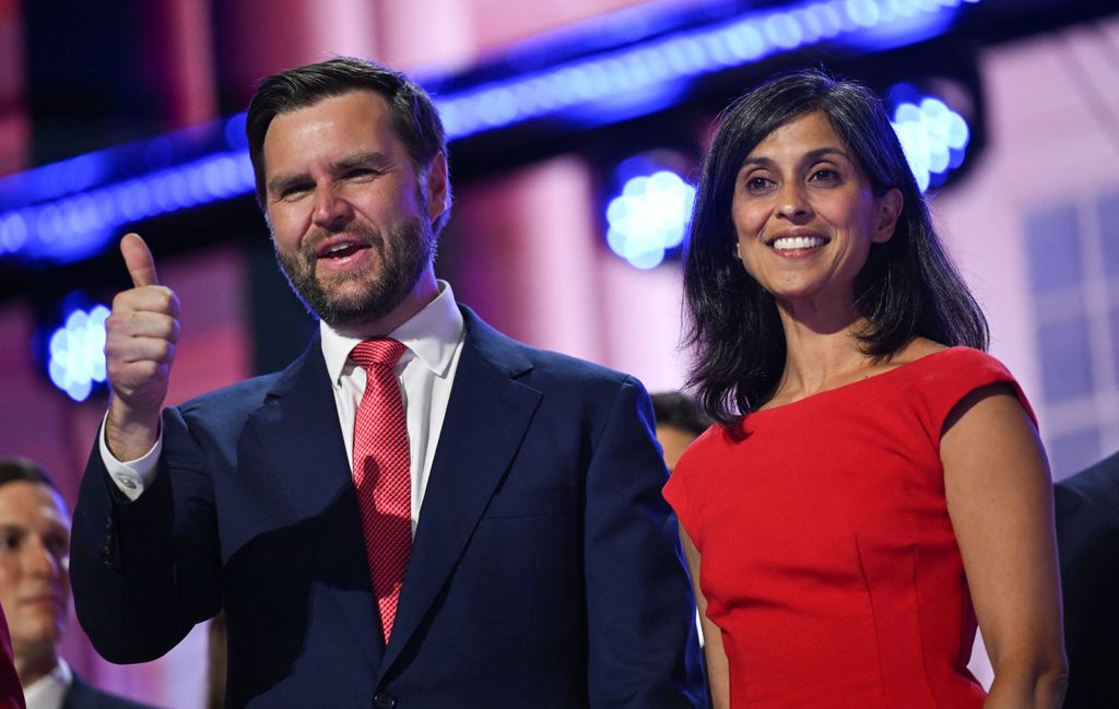 US Senator from Ohio and 2024 Republican vice presidential candidate J.D. Vance and his wife Usha Vance stand on stage on the last day of the 2024 Republican National Convention 