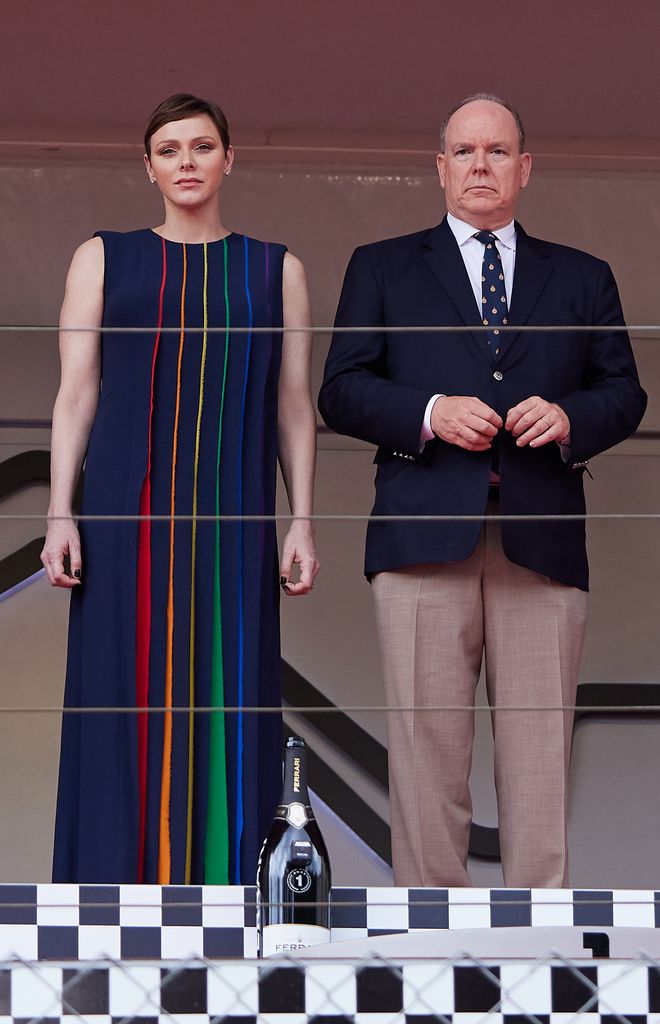 Prince Albert of Monaco and Princess Charlene of Monaco are seen on the podium during the F1 Grand Prix of Monaco at Circuit de Monaco on May 28, 2023 