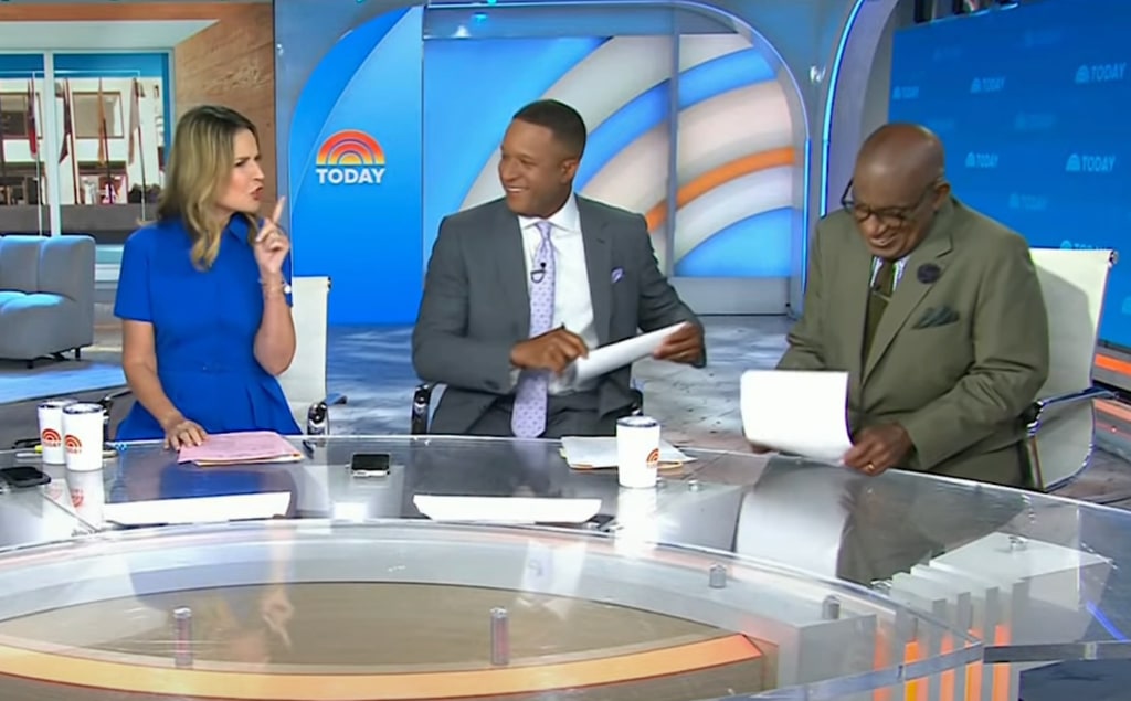 Savannah Guthrie in blue dress, Craig Melvin in gray blazer, and Al Roker in green blazer on the TODAY Show 