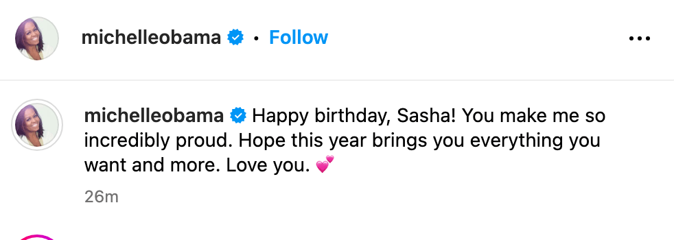 Mensagem de aniversário de Michelle para sua filha mais nova 