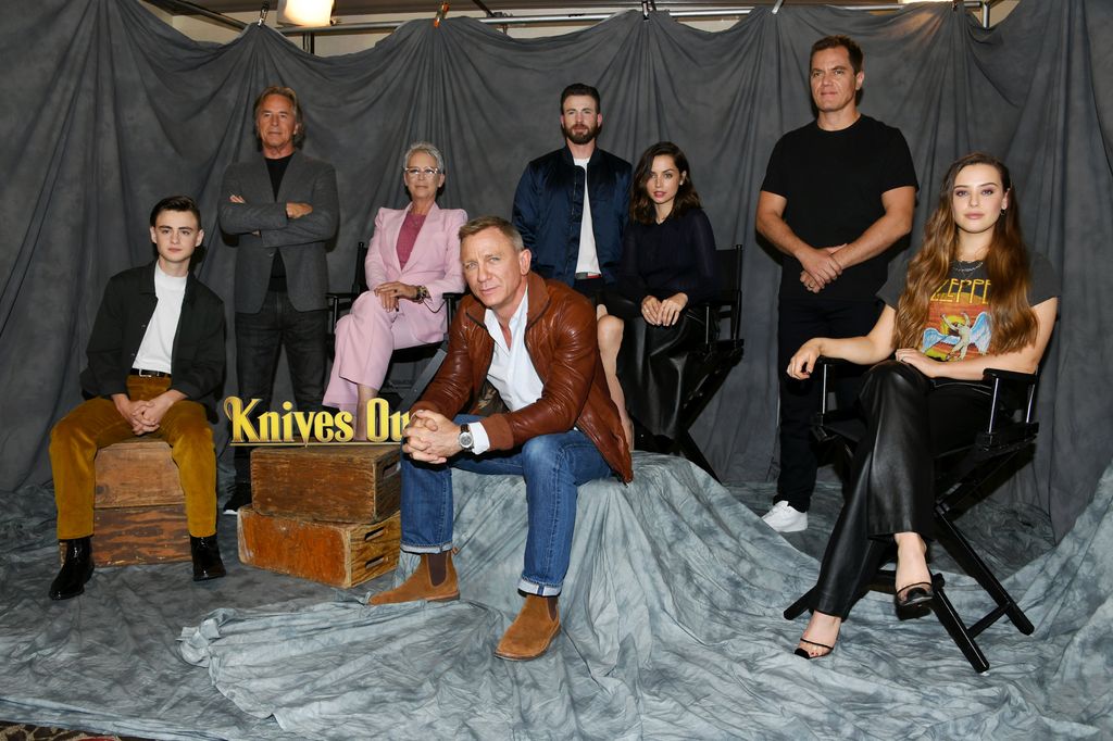 Jaeden Martell, Don Johnson, Jamie Lee Curtis, Daniel Craig, Chris Evans, Ana de Armas, Michael Shannon and Katherine Langford attend the photocall for Lionsgate's "Knives Out" at Four Seasons Hotel Los Angeles at Beverly Hills on November 15, 2019 in Los Angeles, California