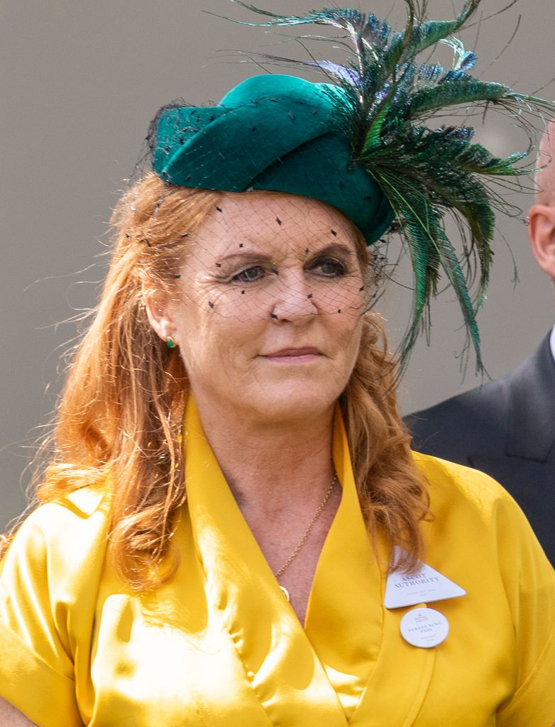Sarah Ferguson wearing yellow dress and green hat at Royal Ascot 2019
