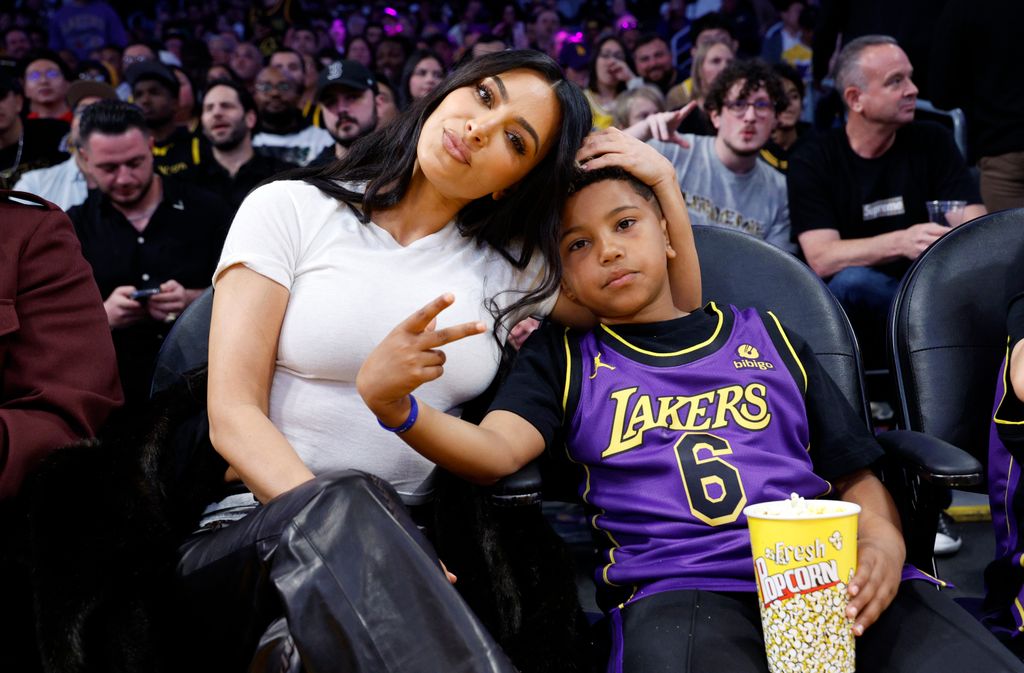 Kim Kardashian and Saint West attend a basketball game between the Los Angeles Lakers and Golden State Warriors at Crypto.com Arena 