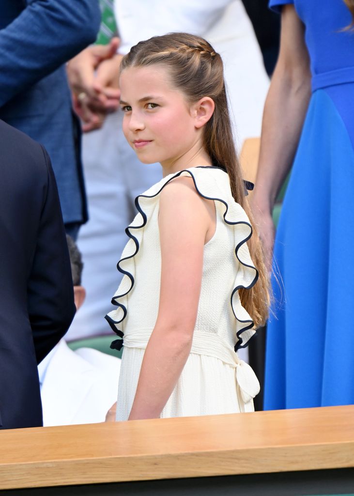 Princess Charlotte of Wales attends day fourteen of the Wimbledon Tennis Championships at the All England Lawn Tennis and Croquet Club at All England Lawn Tennis and Croquet Club on July 13, 2025 in London, England.