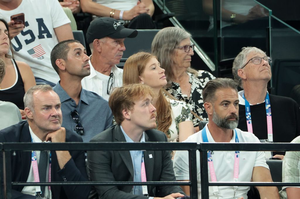 Bill Gates (R) with his daughter Jennifer Gates and husband Nayel Nassar (L) attend the Artistic Gymnastics Women's All-Around Final on day six of the Olympic Games Paris 2024 at Bercy Arena on August 1, 2024 in Paris, France.