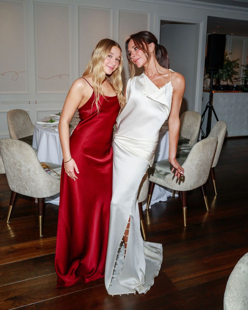 Victoria matches her daughter Harper in matching silky dresses for Davids 50th birthday party 