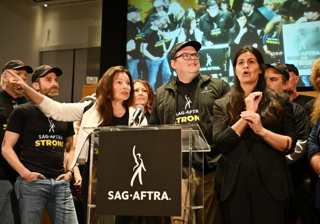 Fran Drescher delivers a passionate speech during a press conference at the SAG-AFTRA headquarters in Los Angeles