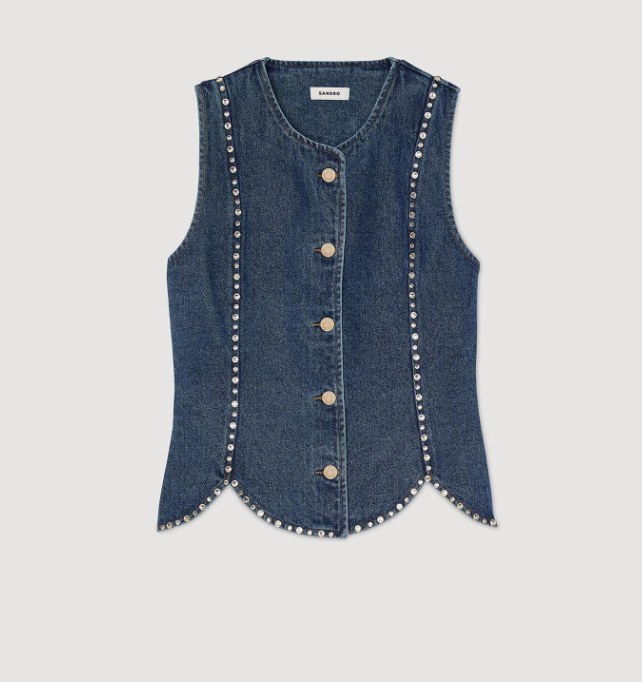 Rhinestone-Embellished Sleeveless Denim Top

