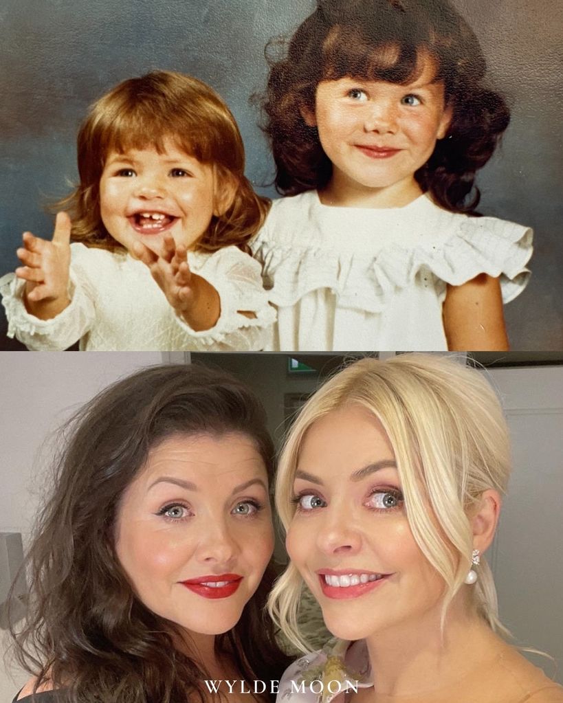 Holly willoughby and sister kelly as children juxtaposed with lookalike sisters now