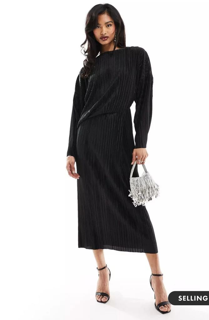 ASOS Design Long Sleeve Plisse Midi Dress In Black