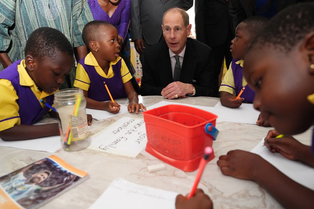 The Duke of Edinburgh met kindergarten pupils during a visit to the Presbyterian Women's College of Education in Aburi, Ghana